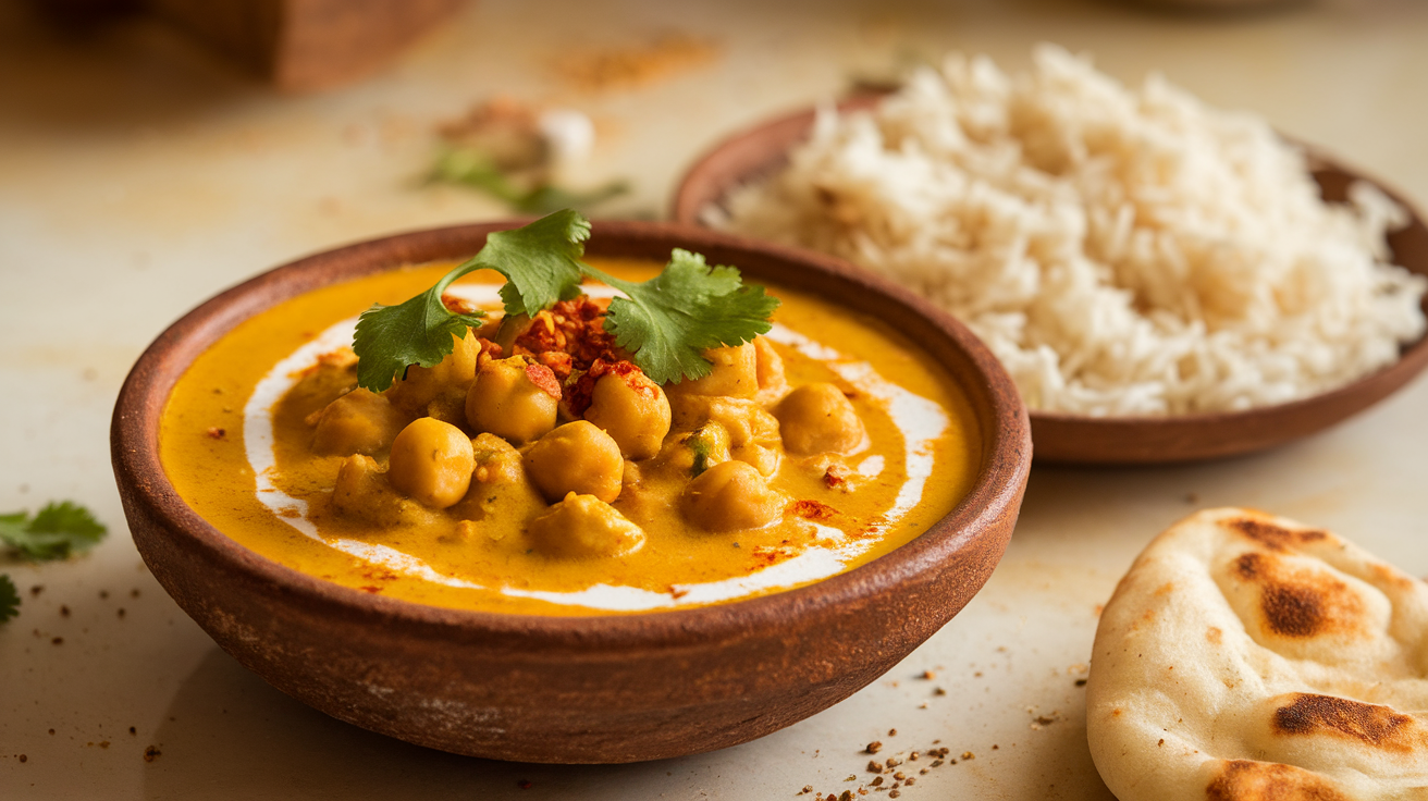 Bowl of creamy coconut chickpea curry garnished with fresh cilantro, served with basmati rice and naan on a rustic wooden table.