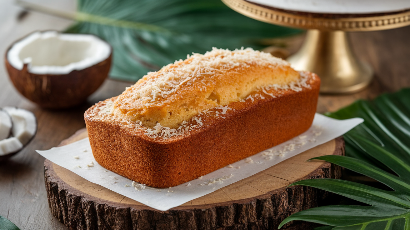 Freshly baked coconut loaf cake on a wooden board, topped with shredded coconut and sliced for serving.