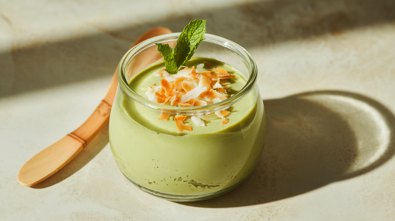Creamy coconut matcha pudding in a glass jar topped with shredded coconut and fresh mint leaves.