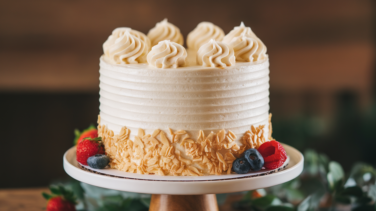 Homemade Copycat Costco Vanilla Cake with fluffy vanilla layers and creamy frosting, sliced and served on a white plate.