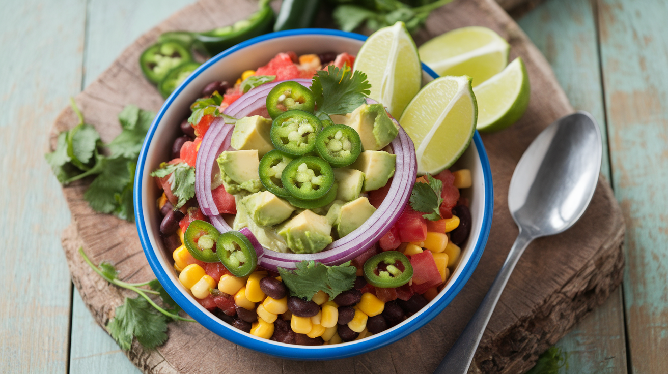 Colorful bowl of Cowboy Caviar with Avocado, black beans, corn, tomatoes, and cilantro, served with tortilla chips.