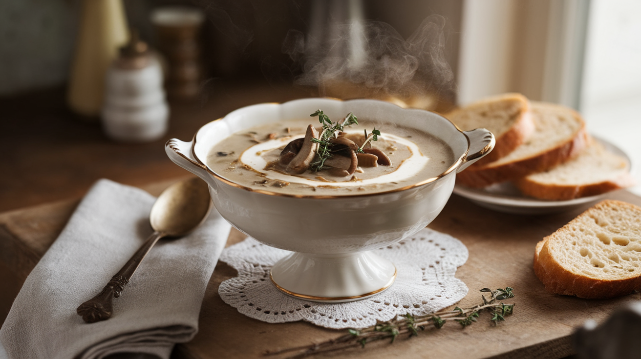 Creamy homemade mushroom soup in a white bowl, garnished with fresh thyme and drizzled with cream, served with crusty bread on the side.