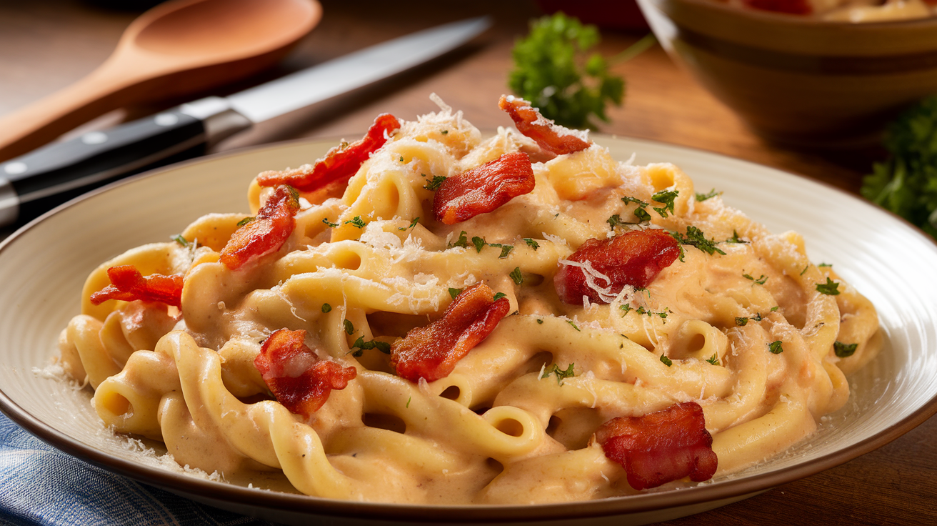 Creamy Bacon Carbonara Pasta with crispy bacon, Parmesan cheese, and fresh parsley on a white plate, garnished with cracked black pepper.