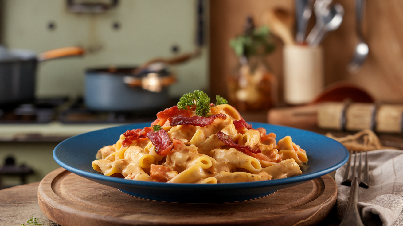 Creamy bacon pasta served in a white bowl, garnished with fresh parsley.
