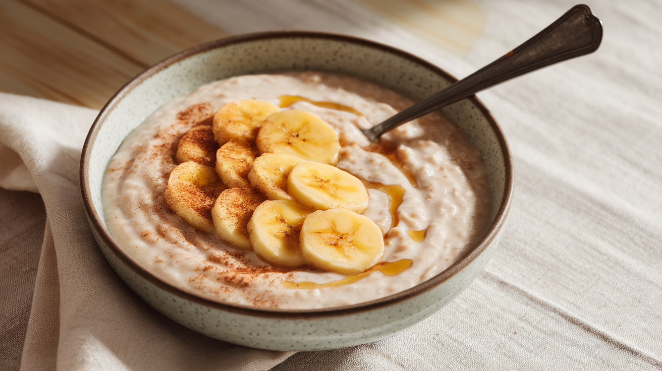 Warm caramelised banana porridge in a bowl, topped with sliced bananas, honey drizzle, and cinnamon, served with a wooden spoon.