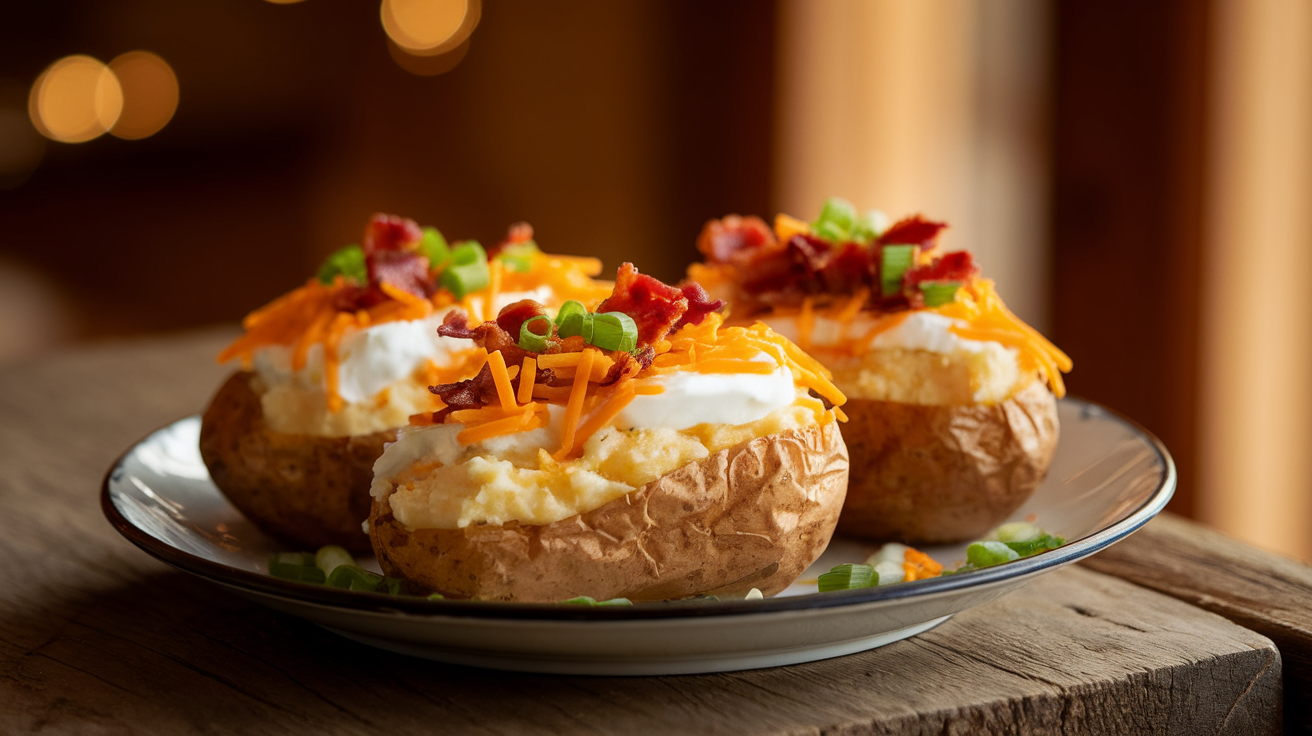 Golden crispy twice-baked potatoes with melted cheese, chives, and sour cream on a white plate.