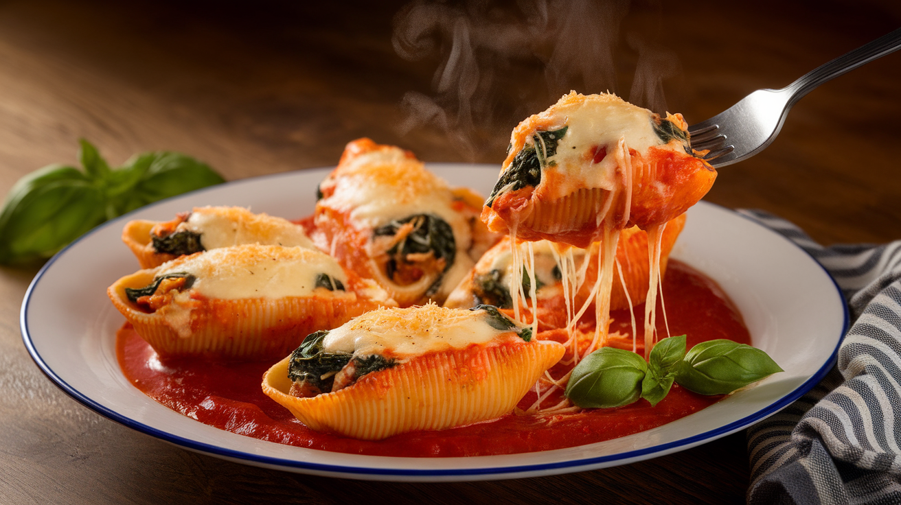 Creamy chicken and spinach stuffed pasta shells topped with melted cheese in a white baking dish, garnished with fresh herbs.