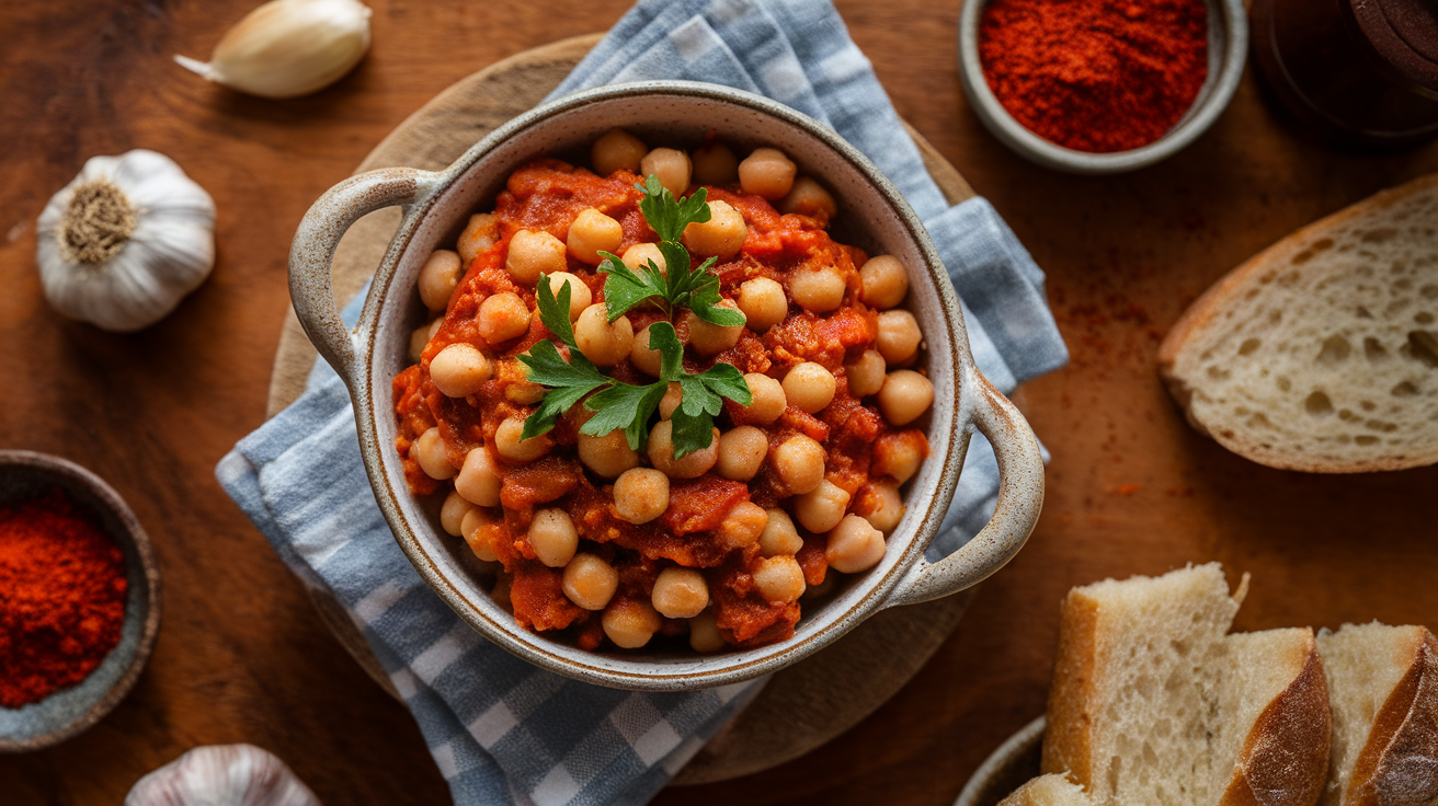 A hearty bowl of Chickpea Paprikash garnished with fresh parsley, served with creamy mashed potatoes on a rustic wooden table.