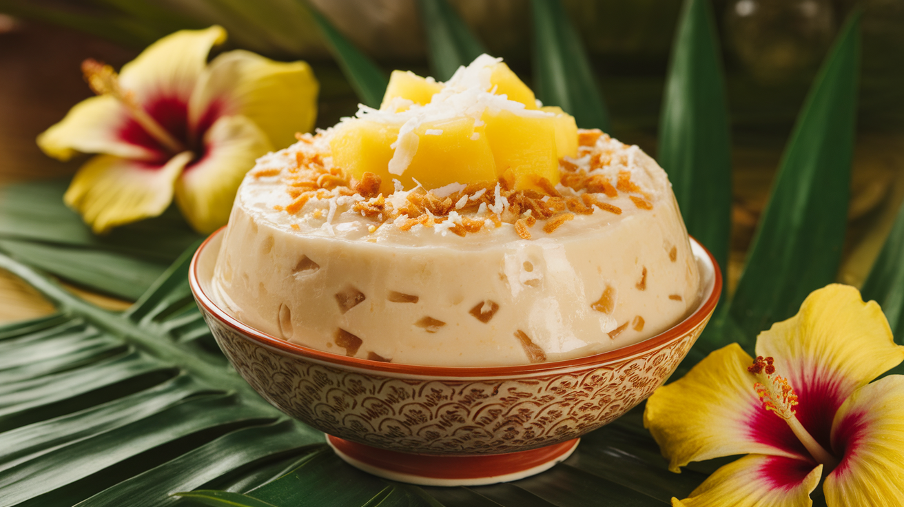 Creamy coconut rice pudding topped with fresh mango slices, toasted coconut flakes, and a drizzle of honey in a rustic bowl.
