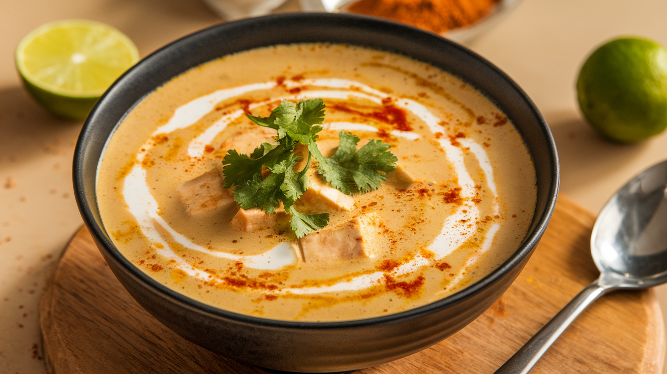 A bowl of creamy coconut tofu soup garnished with fresh herbs and sliced red chili, with a spoon resting on the side.