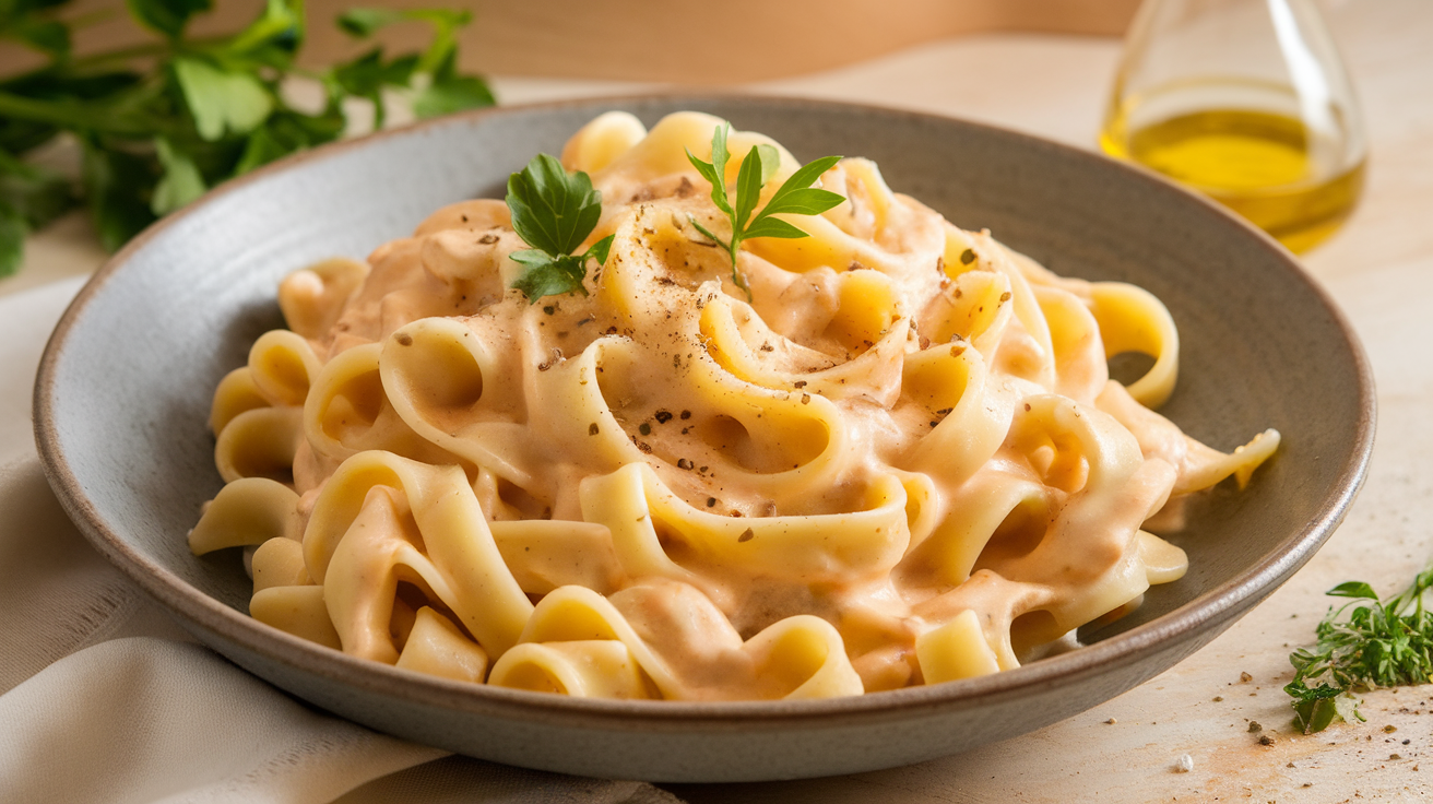 A creamy vegan Alfredo sauce in a white bowl, garnished with chopped parsley and black pepper, surrounded by fresh garlic, cashews, and a spoon.