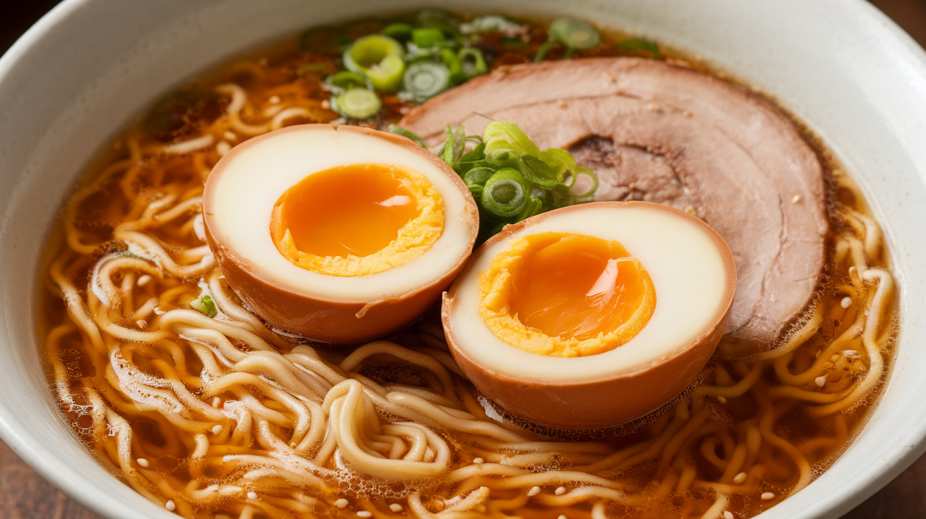 Creamy spicy egg boil with ramen noodles, soft-boiled eggs, shrimp, and corn in a rich garlic butter sauce, garnished with parsley.