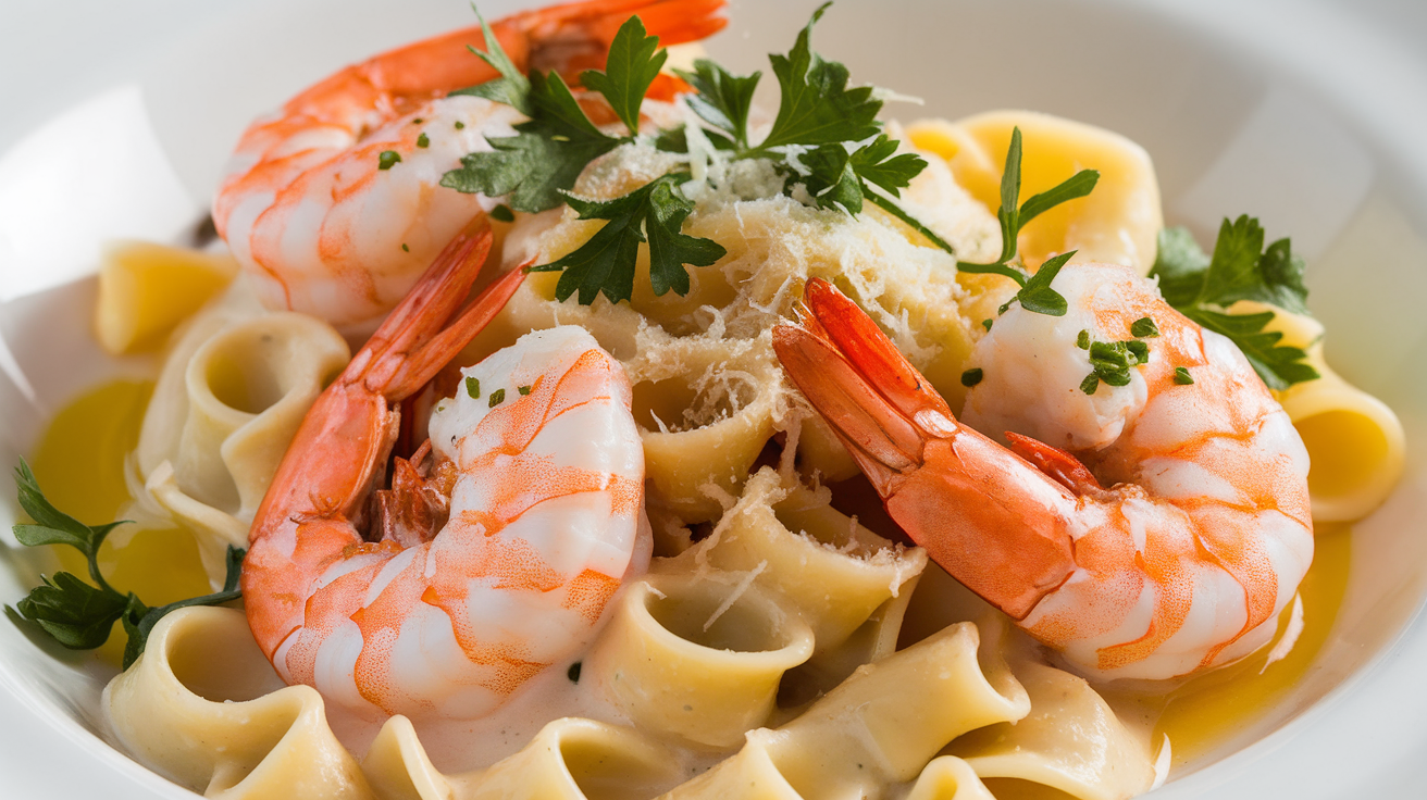 Creamy garlic shrimp pasta with plump shrimp, al dente pasta, and a rich parmesan cream sauce, garnished with fresh parsley.