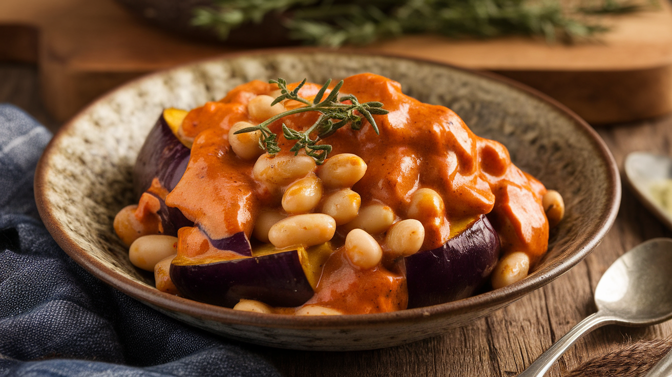 Creamy harissa aubergine beans served in a bowl, garnished with fresh herbs.
