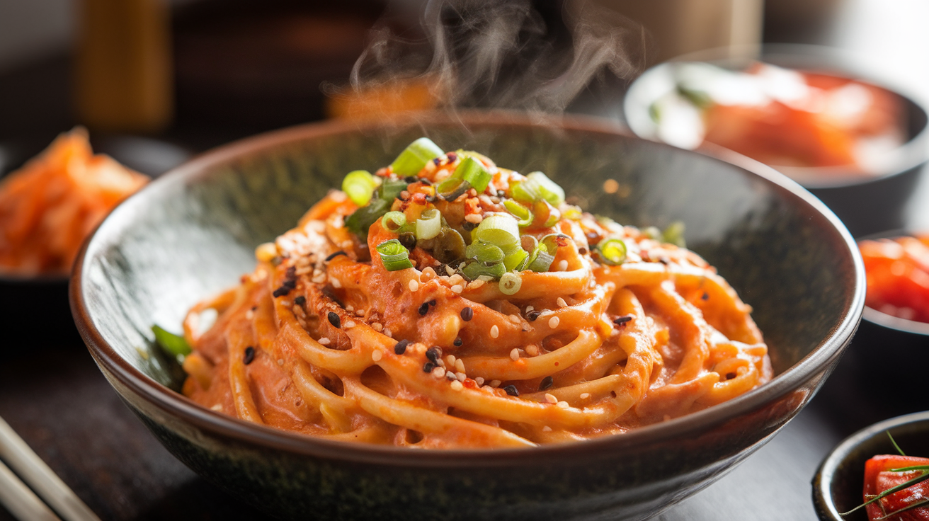 Creamy Korean Gochujang Pasta with swirls of spicy-sweet sauce, garnished with green onions and sesame seeds in a white bowl.