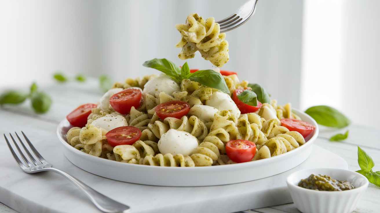 Creamy pesto Caprese pasta salad with fresh mozzarella, cherry tomatoes, basil, and bowtie pasta in a white bowl, garnished with pine nuts.