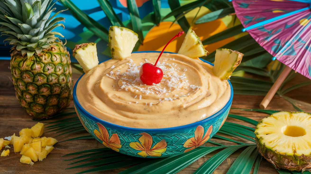 Creamy Piña Colada Dip in a glass bowl with pineapple chunks, coconut flakes, and a cocktail umbrella garnish.