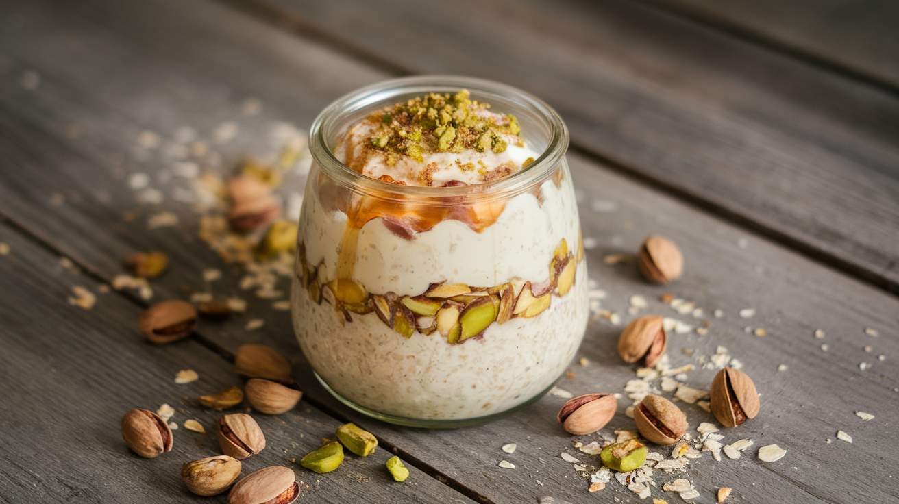 Creamy pistachio overnight oats in a glass jar topped with crushed pistachios, fresh raspberries, and a drizzle of honey.