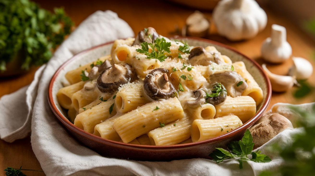 A plate of creamy Three-Fungi Alfredo Rigatoni garnished with parsley and fresh mushrooms