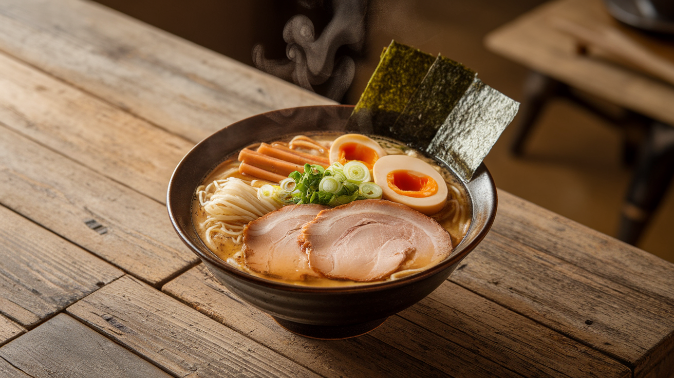 Steaming bowl of creamy tonkotsu ramen with tender chashu pork, soft-boiled egg, green onions, and bamboo shoots on a wooden table.