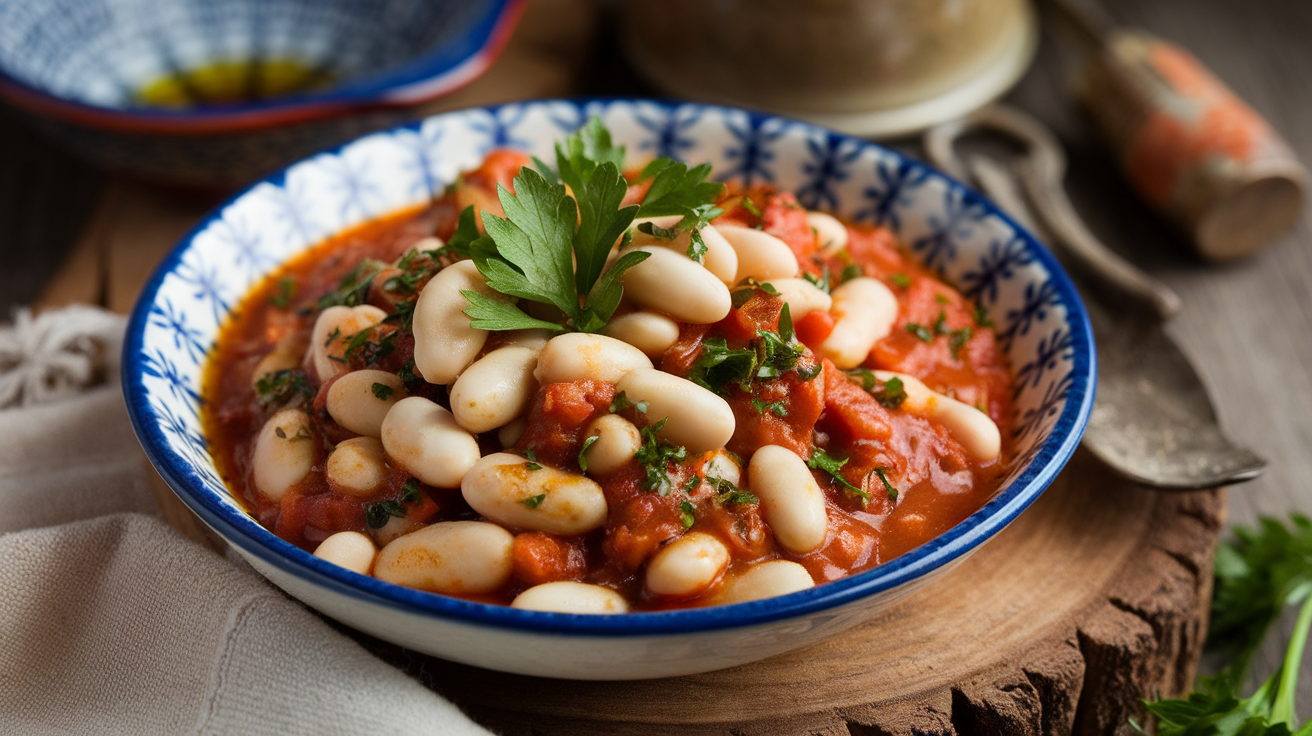 A bowl of creamy Turkish butter beans (barbunya pilaki) with olive oil, garlic, tomatoes, and parsley, served with crusty bread.