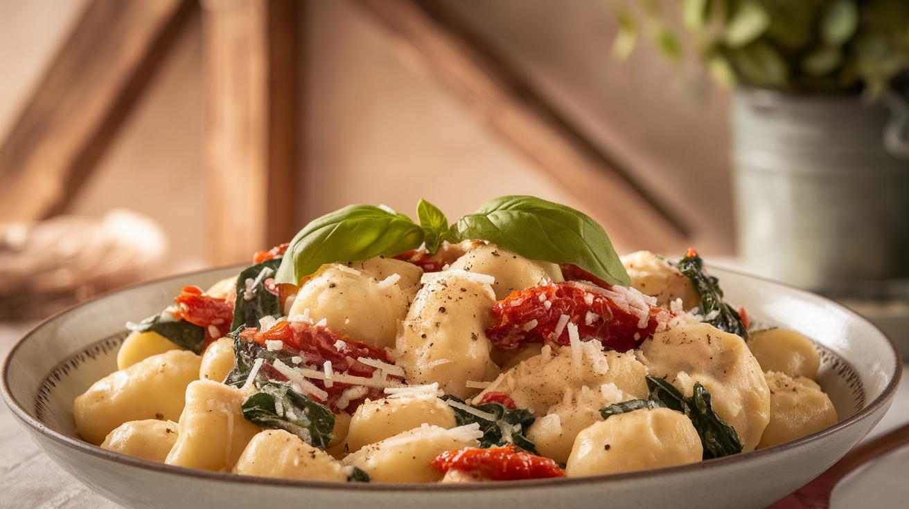 Creamy Tuscan gnocchi with sun-dried tomatoes, spinach, and garlic in a rich parmesan sauce, garnished with fresh basil.