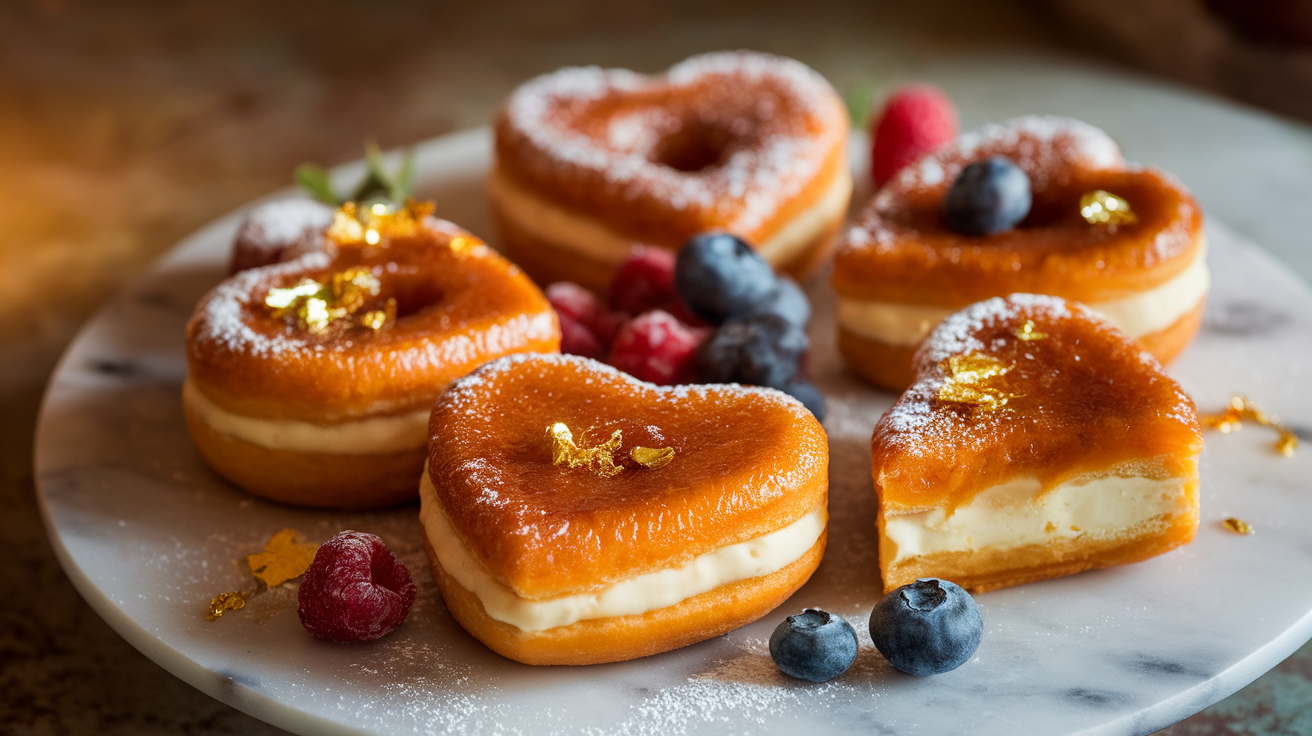 Freshly baked heart-shaped donuts with a glossy crème brûlée topping, caramelized sugar crust, and sprinkled with edible gold flakes on a rustic wooden table