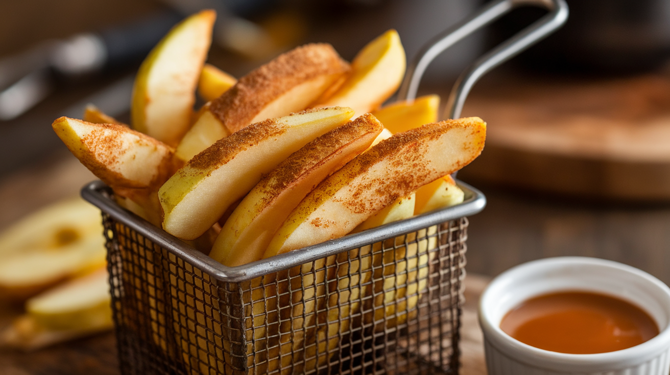 Crispy golden air fryer apple fries with cinnamon sugar, served with a side of creamy caramel dipping sauce.