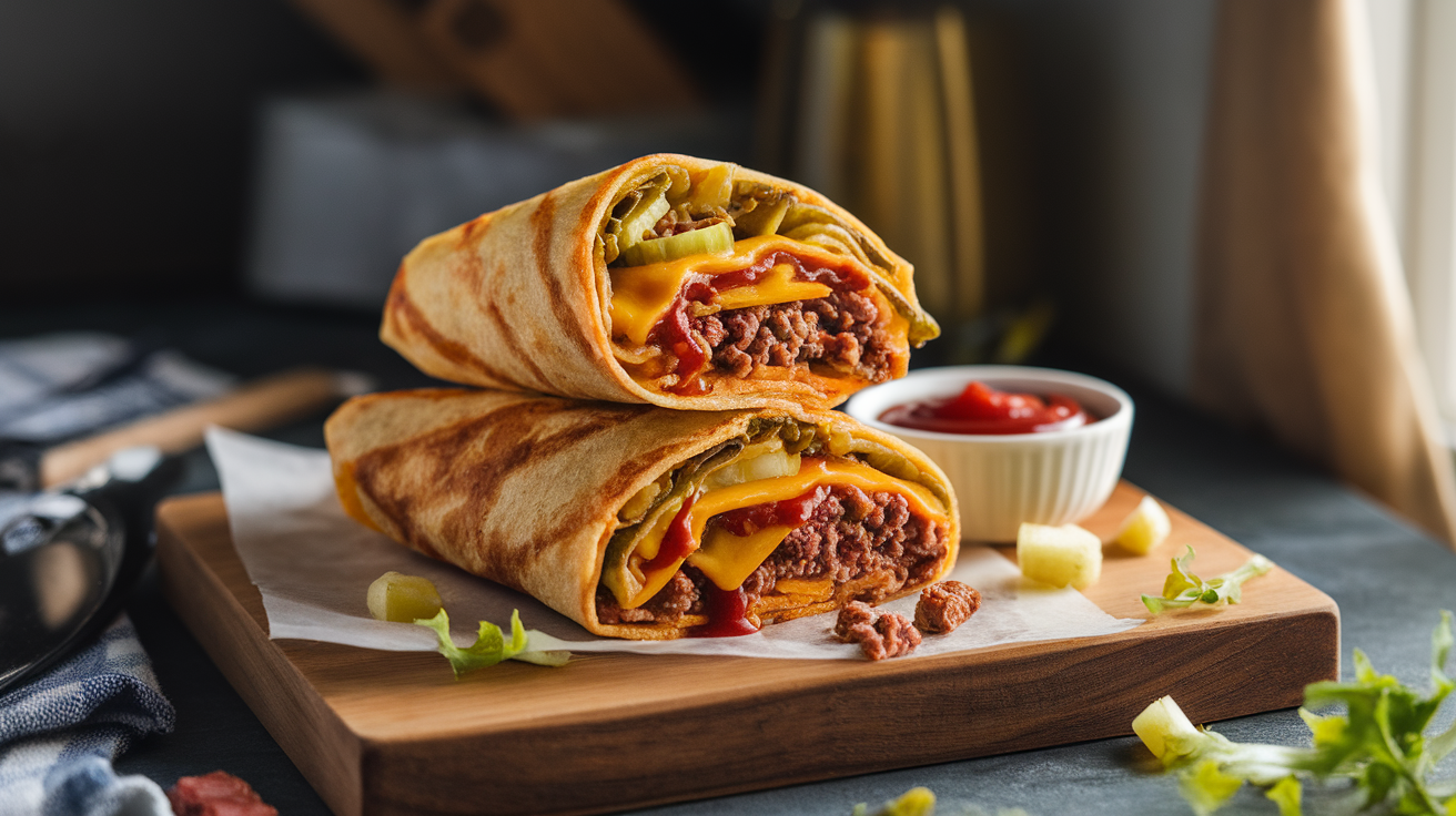 Crispy golden air fryer cheeseburger wraps with melted cheese, seasoned beef, and pickles, served on a white plate with a side of dipping sauce.