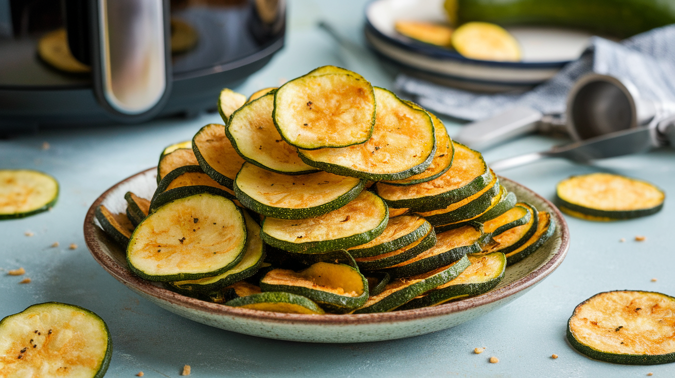 Crispy golden air fryer zucchini chips arranged on a white plate with a sprinkle of Parmesan and herbs.