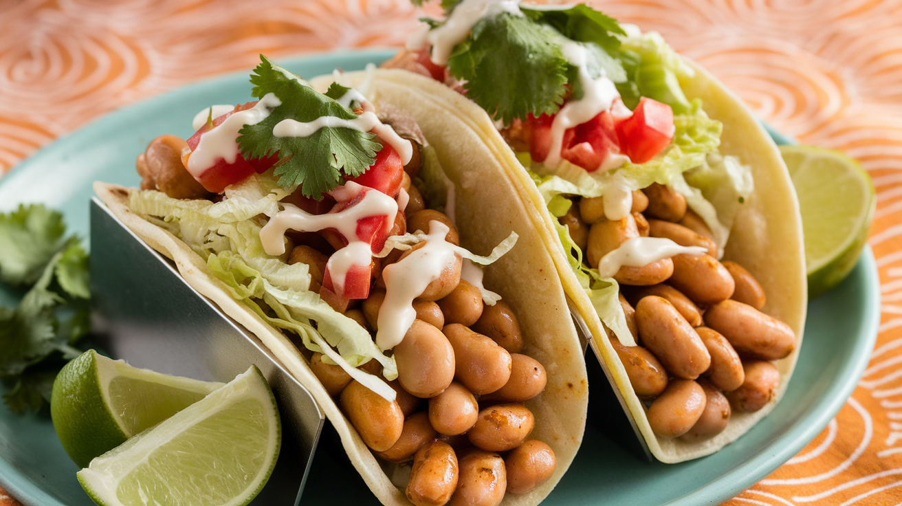 Crispy buffalo white bean tacos topped with shredded lettuce, diced tomatoes, and drizzled with creamy sauce on a rustic wooden board.