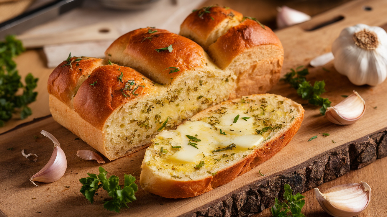 Freshly baked garlic bread with golden crust, melted butter, and parsley garnish on a wooden cutting board.