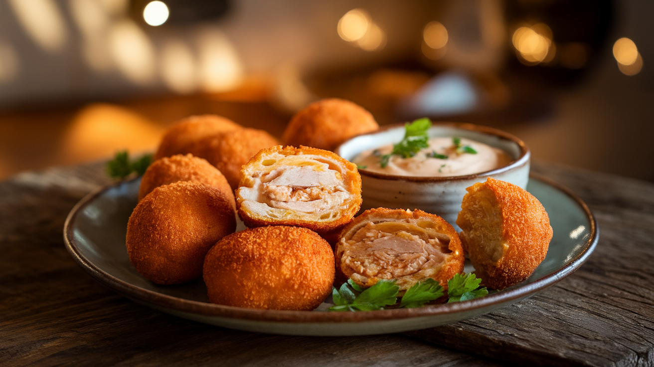 Golden crispy chicken croquettes on a white plate with fresh herbs and dipping sauce.