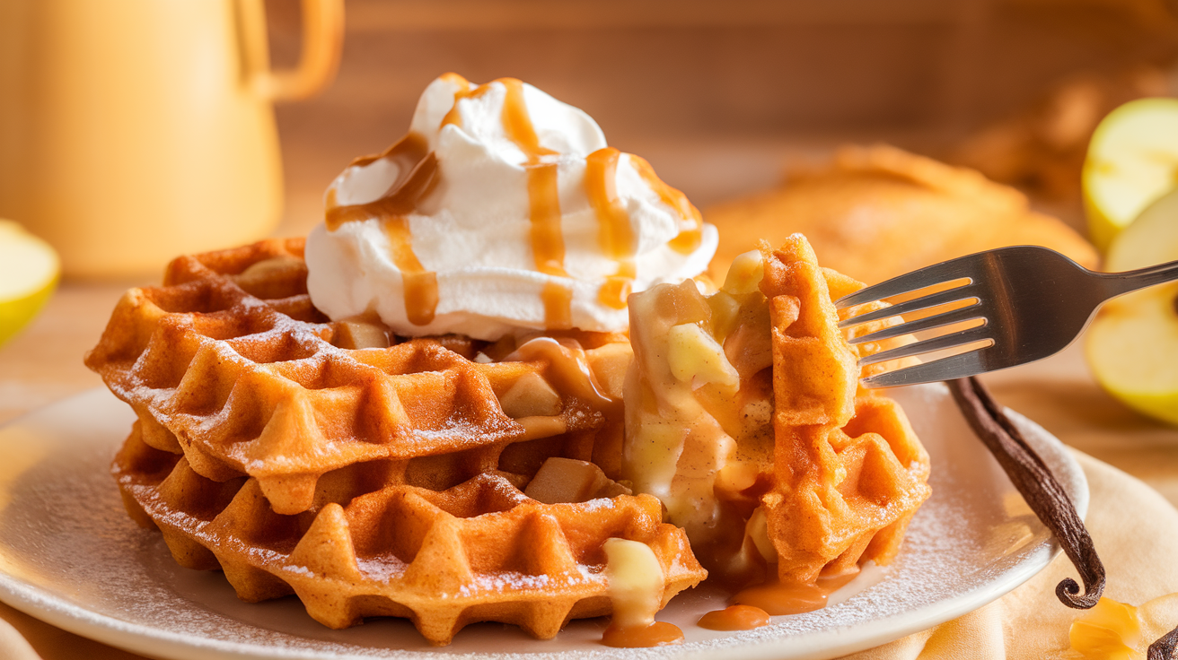 Freshly made churro apple pie waffles topped with cinnamon sugar, caramelized apples, whipped cream, and a drizzle of caramel sauce on a rustic wooden table.