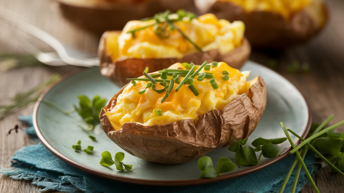 Golden crispy potato halves filled with creamy scrambled eggs, melted cheese, and fresh chives, baked to perfection.