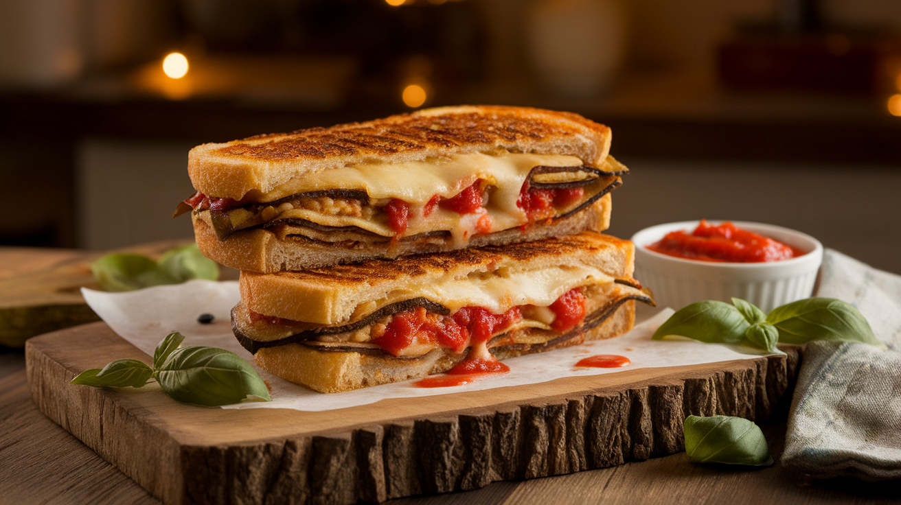 Crispy eggplant Parmesan panini with melted mozzarella, fresh basil, and marinara sauce on toasted ciabatta bread.