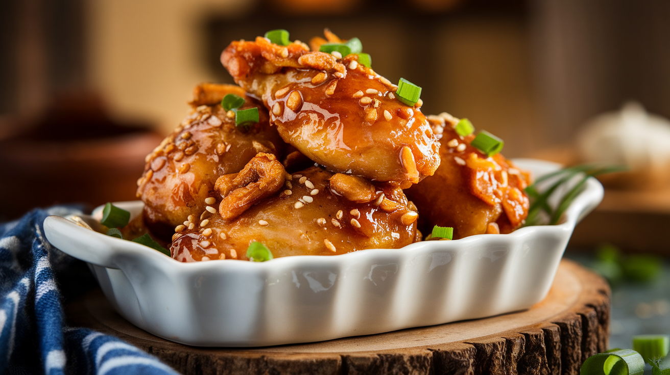 Crispy garlic honey chicken pieces garnished with sesame seeds and green onions on a white plate.
