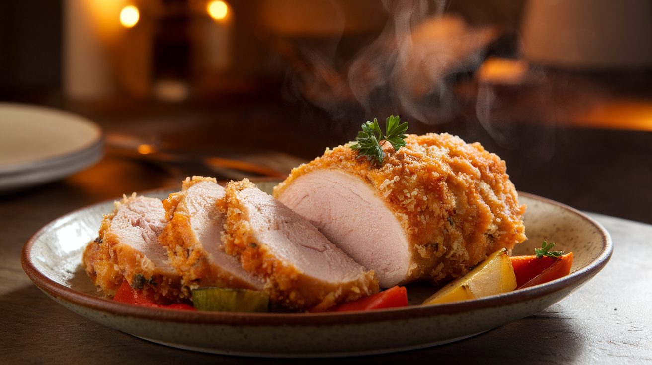 Golden-brown garlic parmesan crusted chicken breast with melted cheese and herbs, served on a white plate with roasted vegetables.