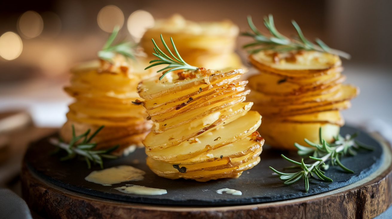 Golden crispy garlic potato stacks baked in a muffin tin with fresh herbs and parmesan cheese on a rustic wooden table.