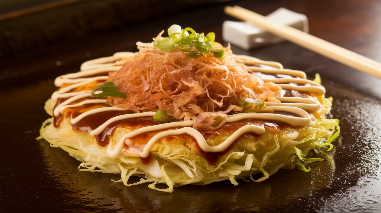 Freshly cooked Japanese cabbage pancake (okonomiyaki) topped with savory sauce, mayonnaise, bonito flakes, and green onions on a plate.