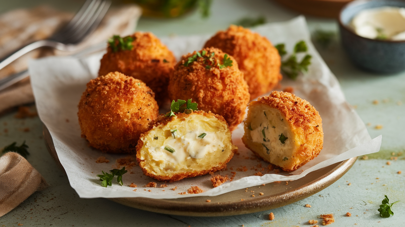 Golden-brown crispy mashed potato croquettes on a white plate, garnished with fresh parsley and served with a side of dipping sauce.