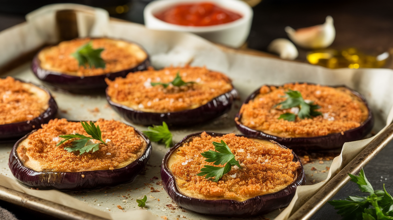 Golden crispy oven-baked eggplant slices on a white baking tray, garnished with fresh parsley and served with marinara sauce.