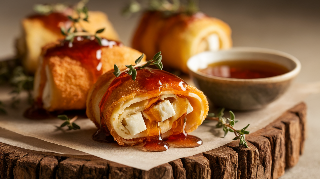 Crispy golden-brown oven-fried feta cheese rolls drizzled with spicy chili honey, garnished with fresh herbs on a white plate.
