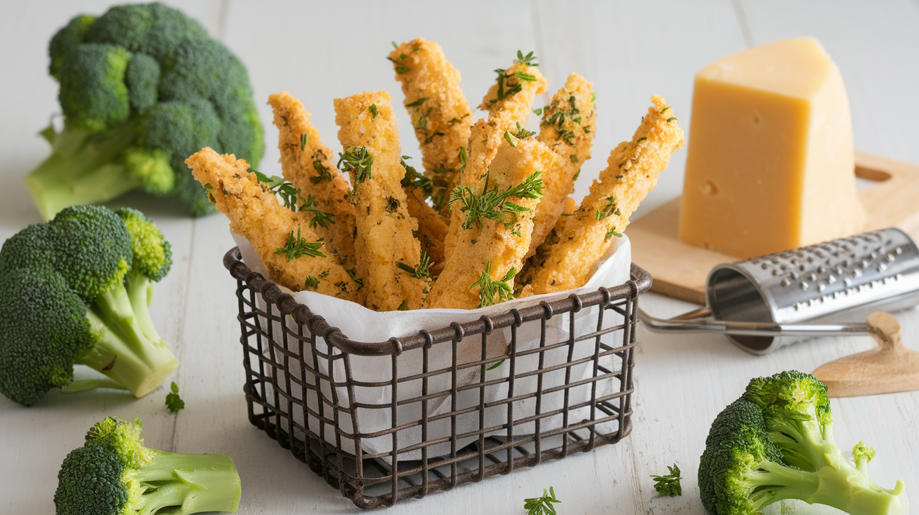 Golden crispy Parmesan broccoli sticks on a baking sheet with melted cheese and seasoned breadcrumbs, ready to serve.