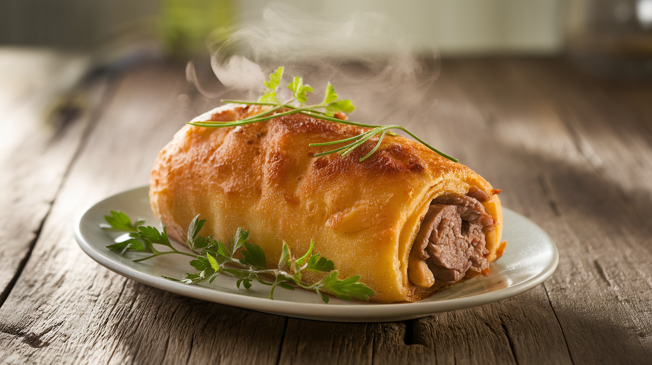 Golden-brown potato beef rolls with minced beef and cheese filling, garnished with fresh herbs on a white plate.