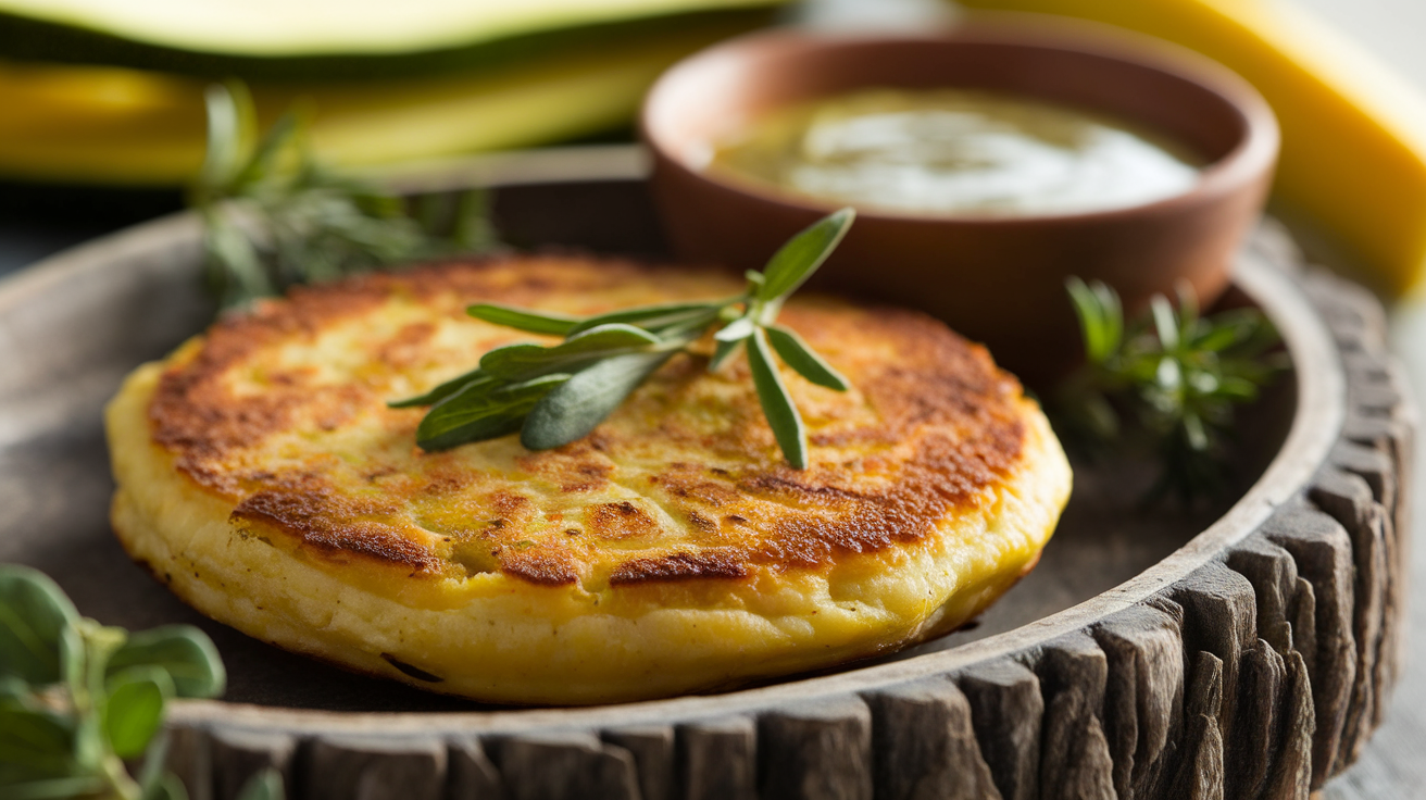 Golden-brown crispy squash patties served on a white plate with fresh herbs and a lemon wedge.
