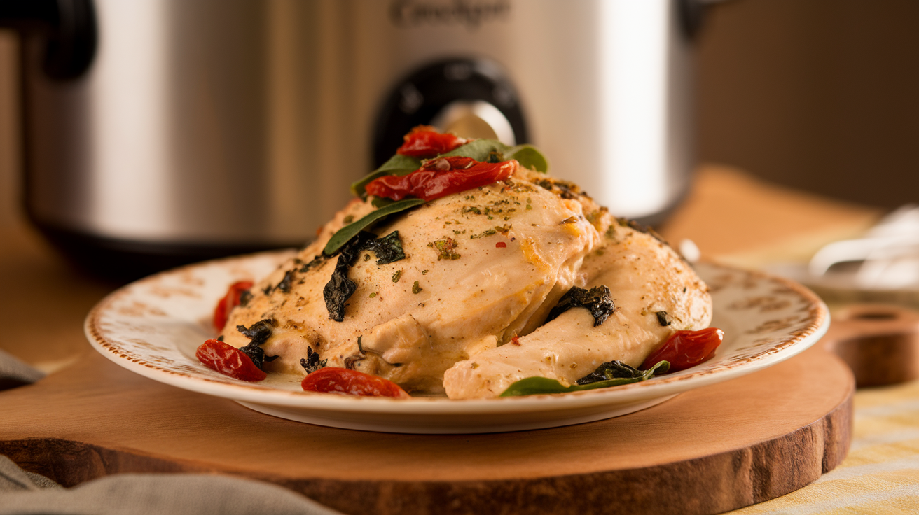 Creamy Tuscan chicken cooked in a crockpot, served with spinach, sun-dried tomatoes, and a rich garlic Parmesan sauce.