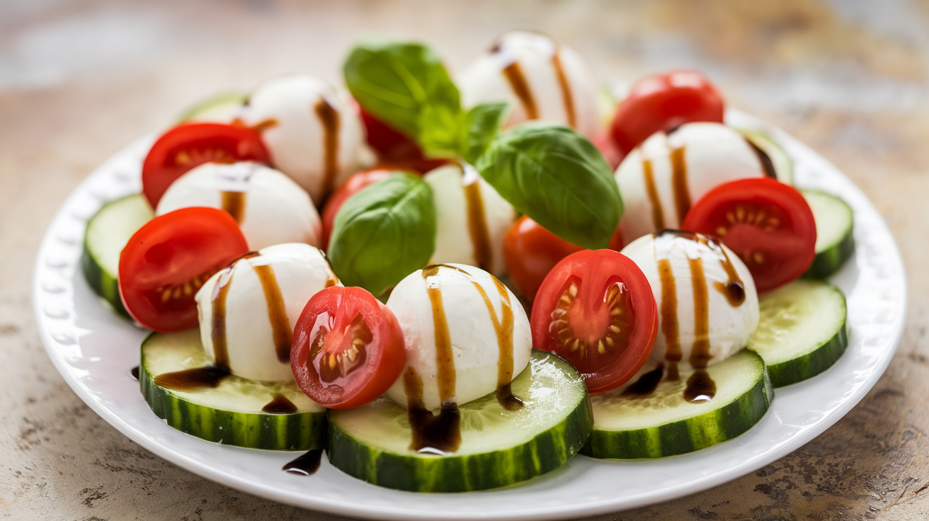 Fresh and colorful Easy Cucumber Caprese Salad with sliced cucumbers, cherry tomatoes, mozzarella balls, and basil leaves drizzled with balsamic glaze on a white plate.