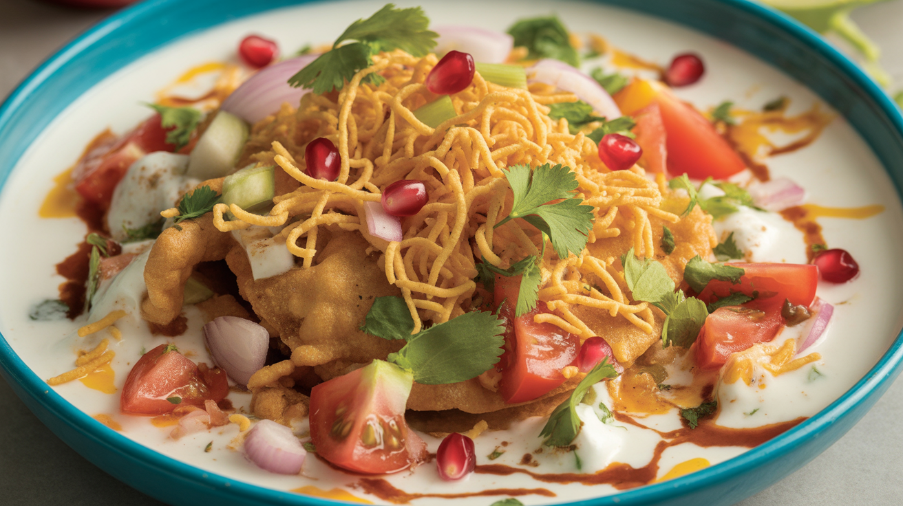 A colorful plate of Dahi Papdi Chaat topped with yogurt, tamarind chutney, sev, chopped onions, and fresh coriander.