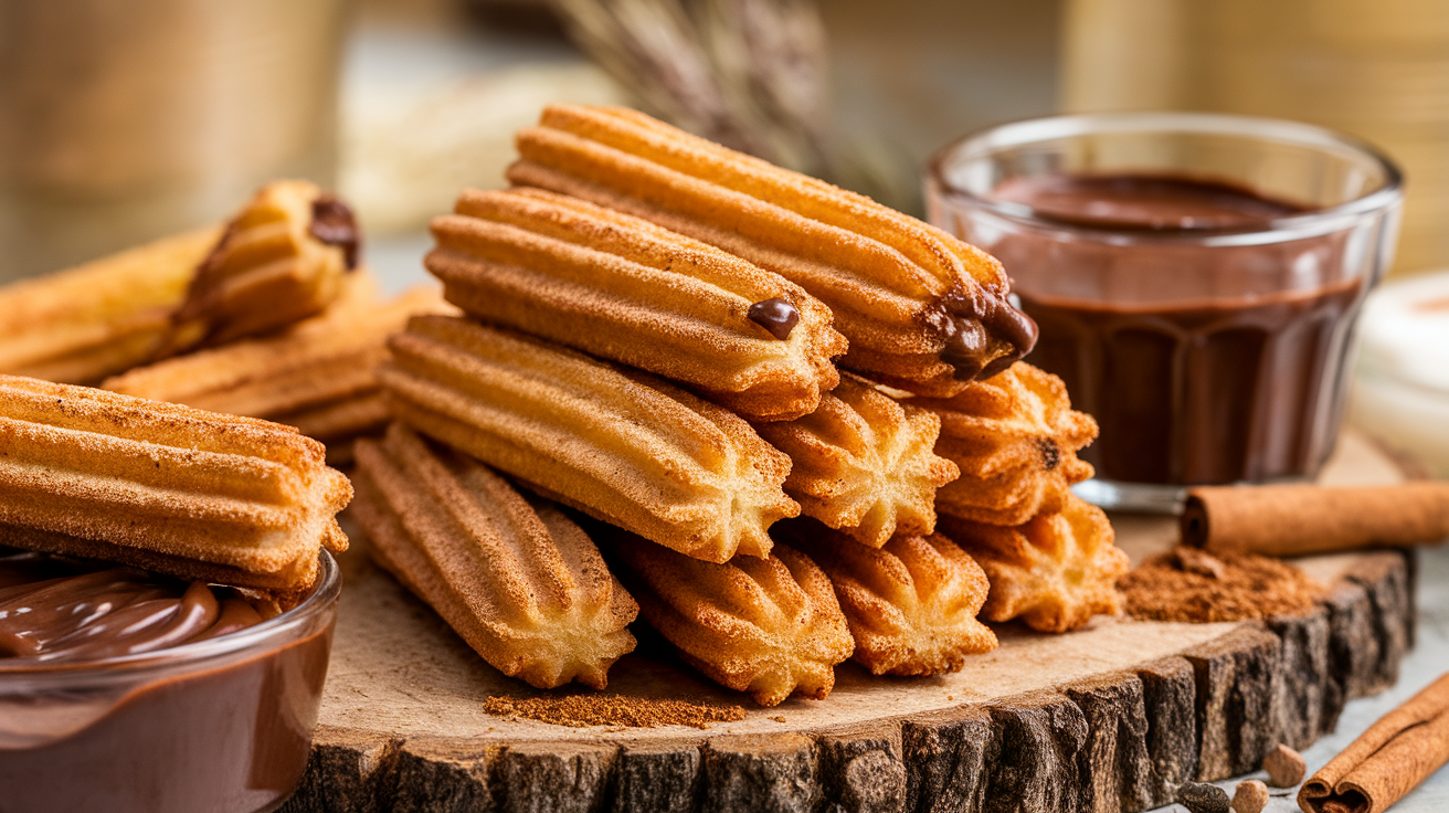 Crispy golden air fryer churros dusted with cinnamon sugar, served on a white plate with a side of chocolate dipping sauce.